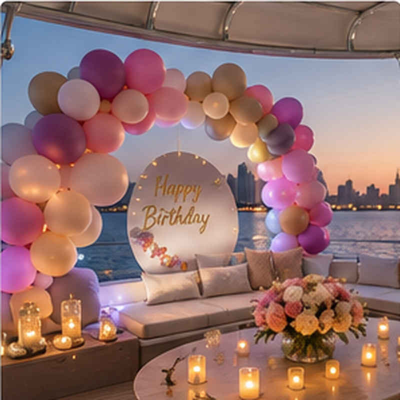 Elegant balloon and LED decor setup aboard a luxury yacht