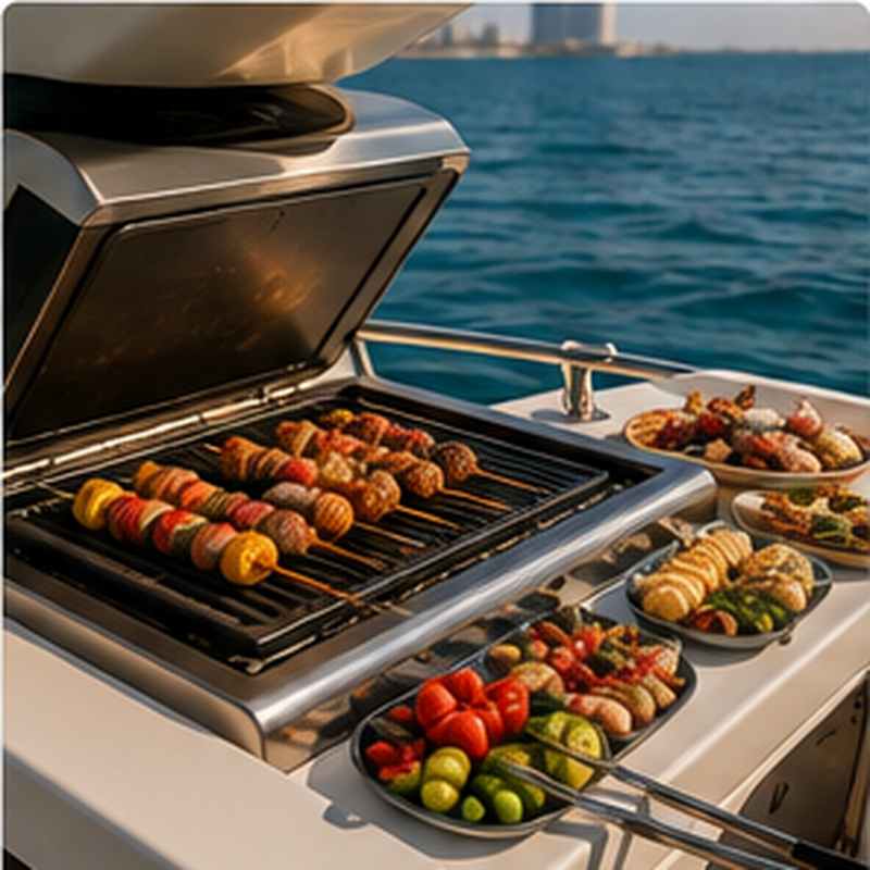BBQ grilling setup with food aboard a luxury yacht