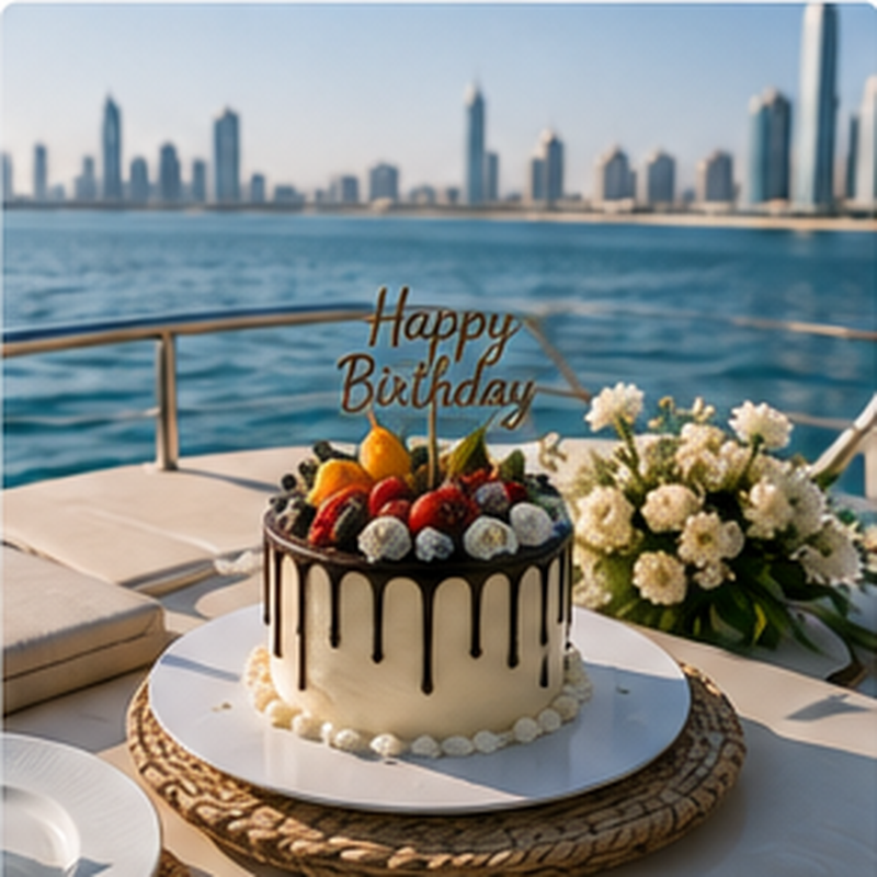 Celebration cake and treats presented aboard a luxury yacht
